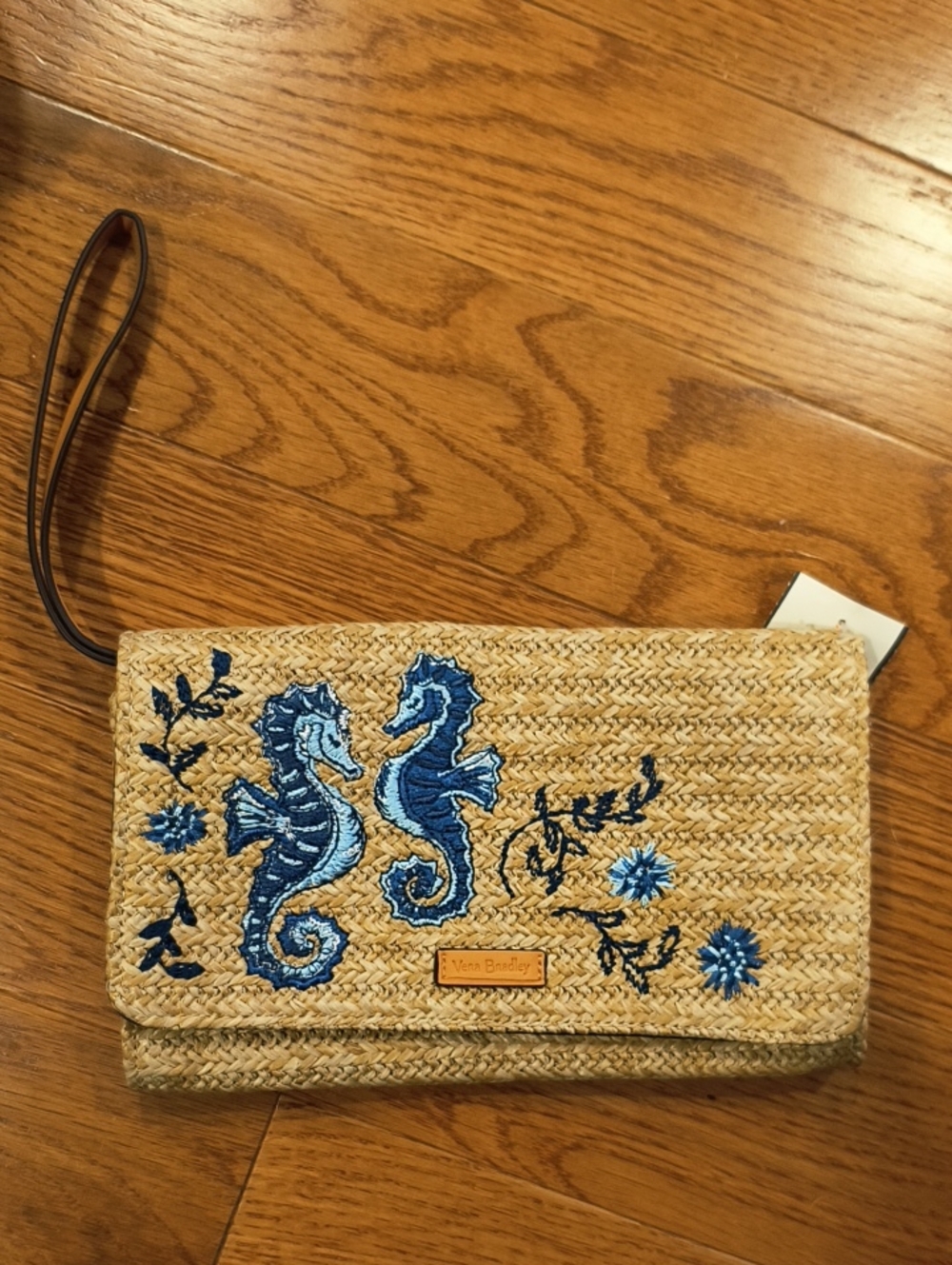 Vera Bradley Tan Straw Wristlet with Blue Seahorse Embroidery
